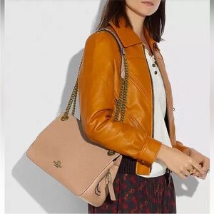 Coach Pebble Leather Shoulder Bag in Light Tan with Gold Chain